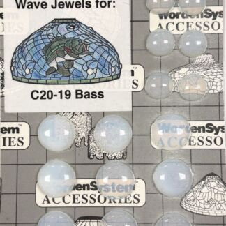Product label reading 'Wave Jewels for: C20-19 Bass' with blue glass jewels scattered on a grid background.