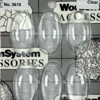 Six clear oval capsules arranged on a grid background with labels reading No. 3619 and Clear.